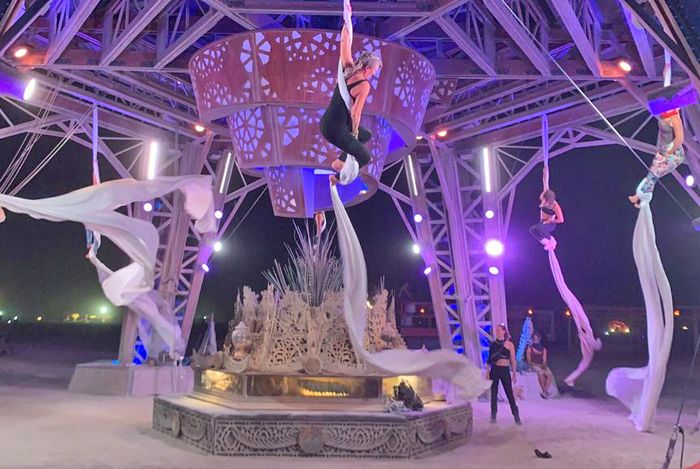 Aerial show under a chandelier